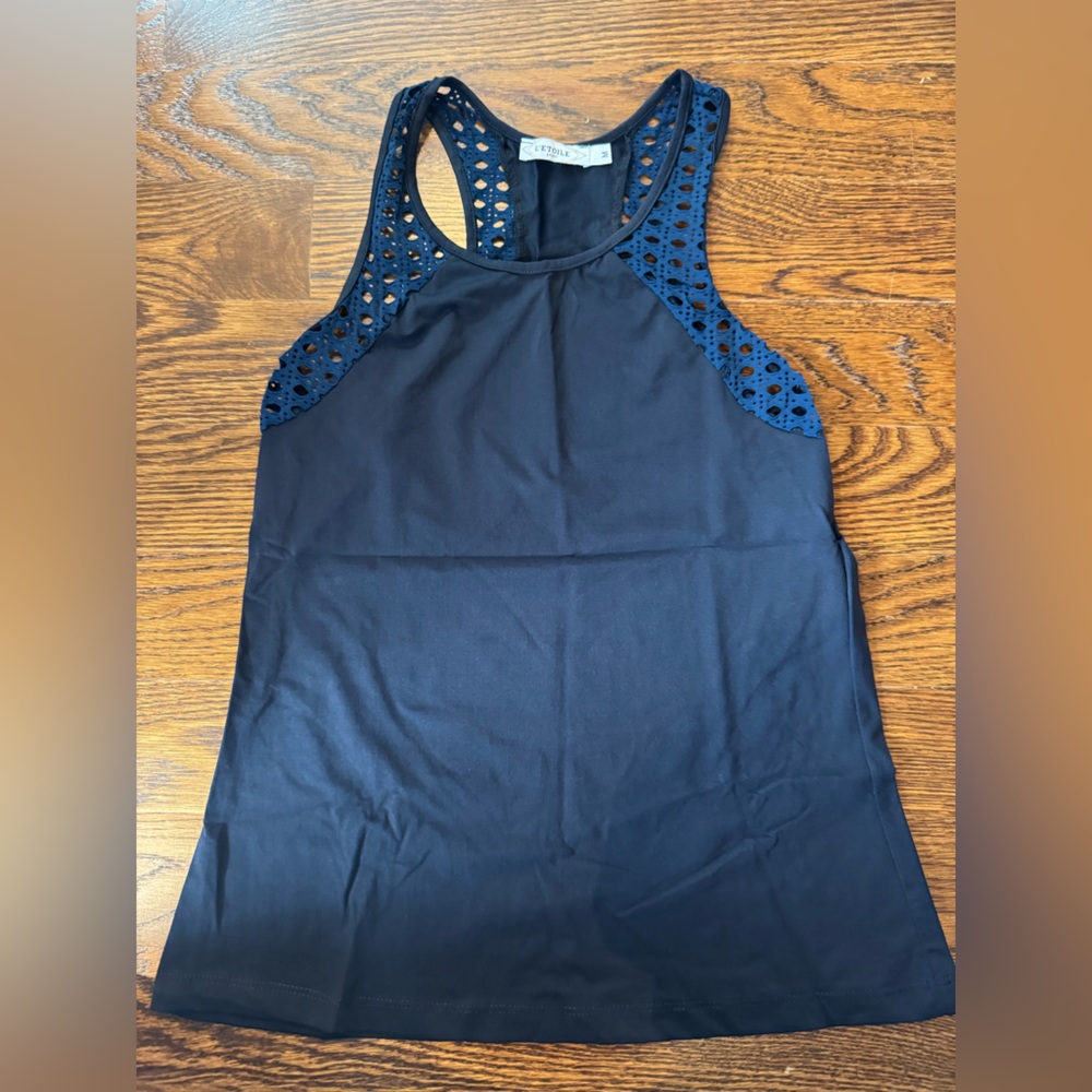 Navy Blue Athletic Tank Top with Pointelle Detail